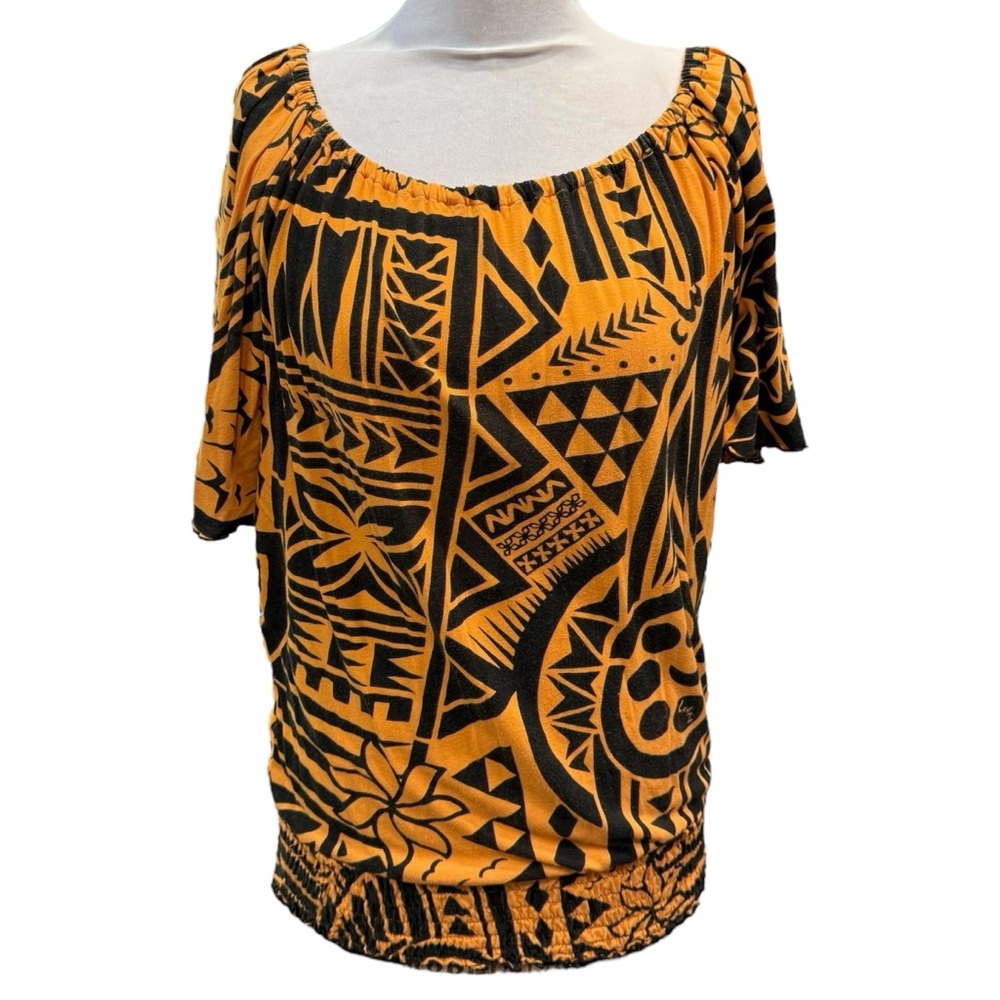 Missing Polynesia Orange Womens Blouse Off Shoulder Hawaiian Aloha Size 1 (M/L)